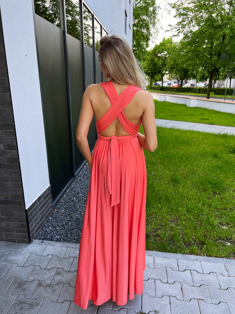 Nemezis - wakacyjna pomarańczowa sukienka maxi wiązana na wiele sposobów - Kulunove zdjęcie 4